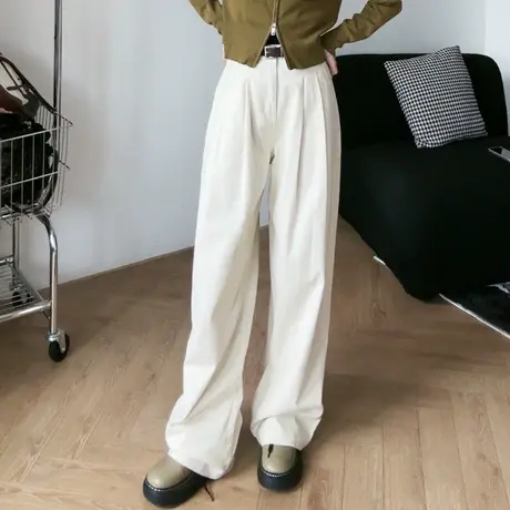 尔给休闲复古宽松高腰棕色阔腿裤女2023新款秋季小个子配腰带裤子商品大图