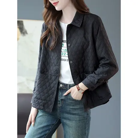 宝诗黎翻领菱格短款宽松外套2023春秋季新款单排扣休闲开衫上衣女商品大图