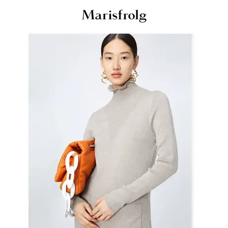 【磨毛针织连衣裙】玛丝菲尔冬季新款杏色高领毛针织长袖连衣裙女图片