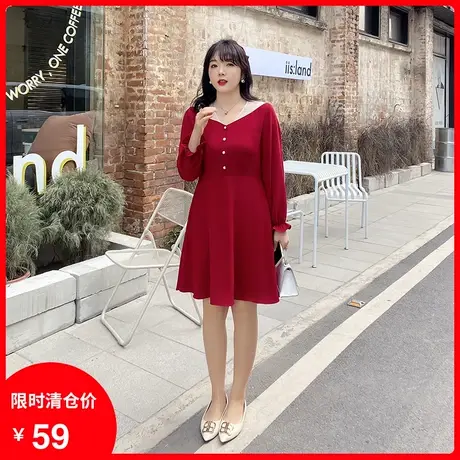 【清仓】大码女装V领拼接撞色雪纺显瘦遮肚子胖MM长袖红色连衣裙图片