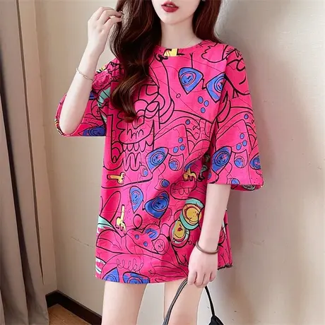 2023夏季新款印花短袖t恤女200斤胖mm半袖上衣韩版中长款打底衫潮商品大图