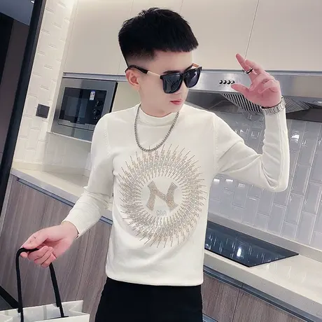 秋冬季时尚休闲烫钻字母韩版修身长袖针织衫韩版修身ins男士毛衣商品大图