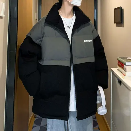 新款冬季男士棉衣外套韩版黑灰撞色拼接棉服潮流百搭休闲立领棉袄商品大图