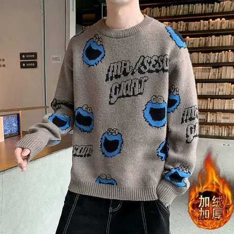 加绒毛衣秋冬季加厚男士打底衫2022新款保暖个性青年提花羊毛线衣商品大图