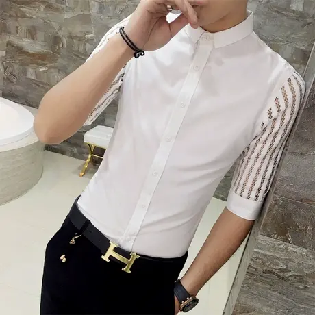 美发型师个性帅气短袖衬衫男夏天薄款潮流韩版七分袖夜店时尚衬衣商品大图