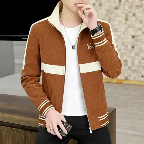 拼色灯芯绒夹克男春秋季潮流韩版立领帅气加棉加厚短风衣外套上衣商品大图