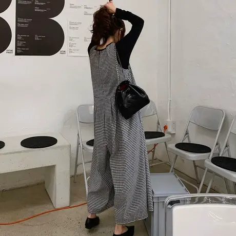 夏装新款黑白格子连体裤女韩版宽松大码时尚阔腿九分休闲连体衣潮图片