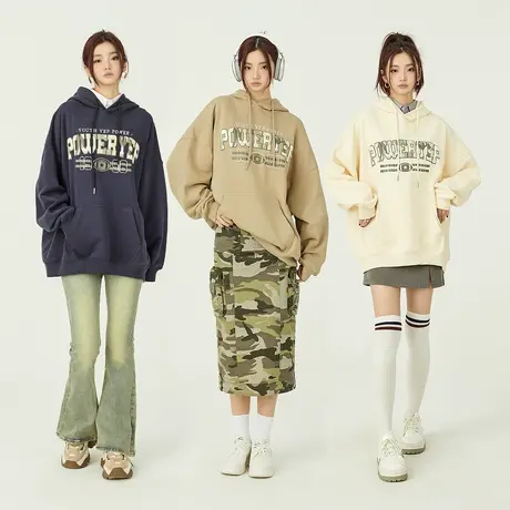 YEP迷彩发泡连帽复古字母卫衣女2025新款设计感oversize潮牌上衣图片