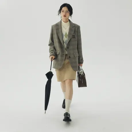 omont蛋挞家 复古格子西装外套女2023秋季新款高级感撞色廓形外套商品大图