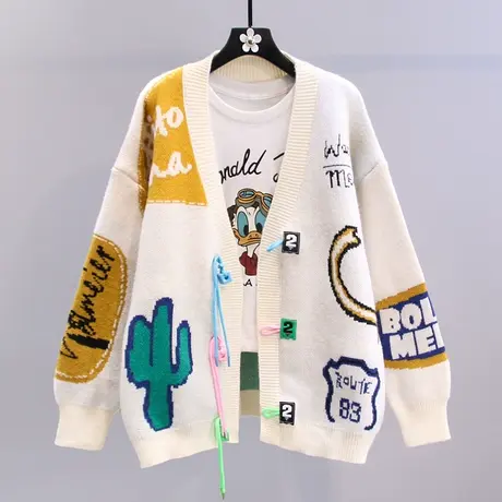 秋冬卡通提花字母毛衣外套女2023年新款宽松慵懒风设计感针织开衫商品大图