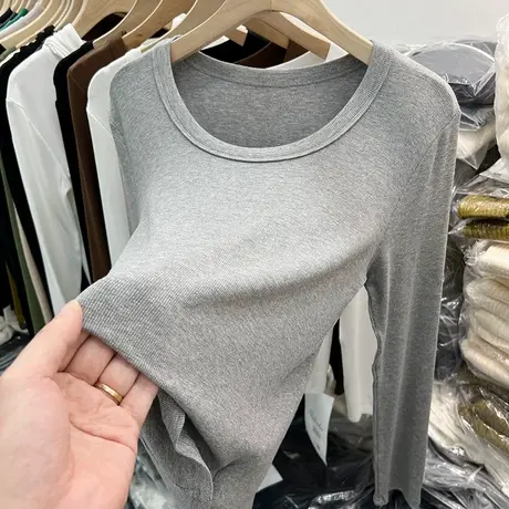 欧货低圆领露锁骨螺纹长袖T恤女2023春新款纯色百搭打底小衫上衣商品大图