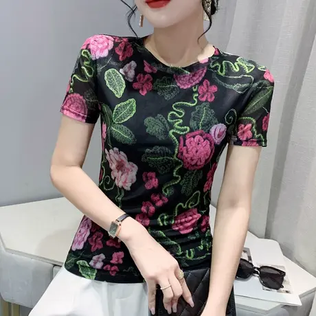 2024夏季新款网纱T恤女ins潮时尚印花短袖小衫复古气质洋气上衣服图片