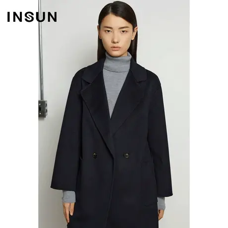 INSUN恩裳奥莱冬季绵羊毛西装领廓形中长款毛呢外套商品大图