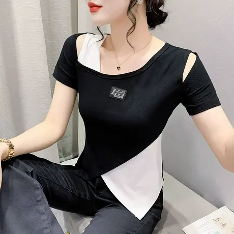 欧货设计感开叉T恤女短袖夏季性感露肩小衫洋气别致拼色上衣体恤商品大图