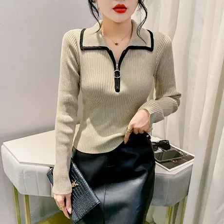 毛衣女秋冬2024新款翻领拉链拼接针织衫时尚长袖套头上衣打底小衫商品大图
