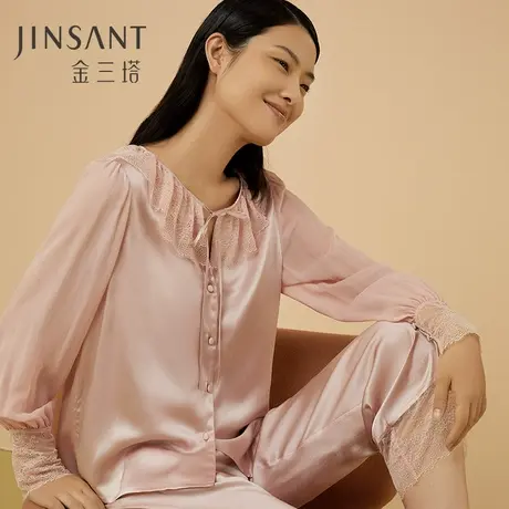 金三塔100%桑蚕丝真丝蕾丝拼接时尚甜美家居服女士衣裤套23年新品图片