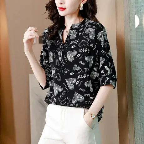 五分袖碎花雪纺衬衫女夏季2023新款妈妈宽松时尚小衫大码遮肚洋气图片