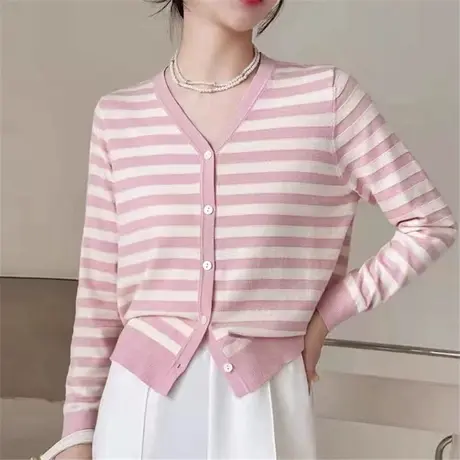 秋冬季新款针织开衫显瘦条纹休闲百搭外穿毛衣女长袖V领上衣外套图片