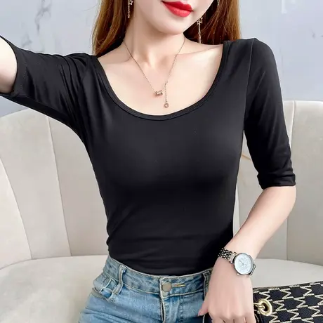 黑色双面u领中袖t恤女性感露背夏季上衣纯棉百搭正肩体恤外穿打底商品大图