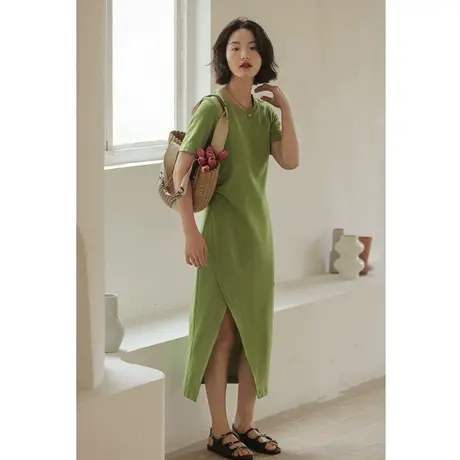 弥古绿色连衣裙女夏季度假沙滩裙针织短袖显瘦开叉t恤裙懒人长t裙图片