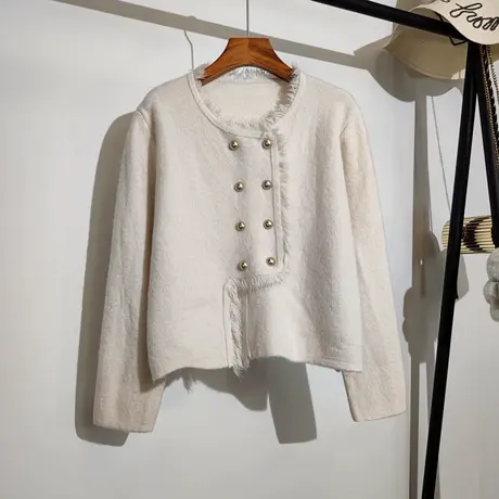 小香风毛衣开衫女秋冬新款宽松显瘦气质短款双排扣流苏针织衫外套图片