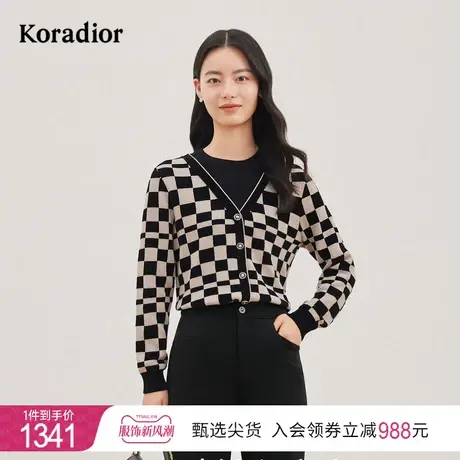 【冰丝面料】珂莱蒂尔女装2023秋季新款圆领格子假两件针织衫套头商品大图