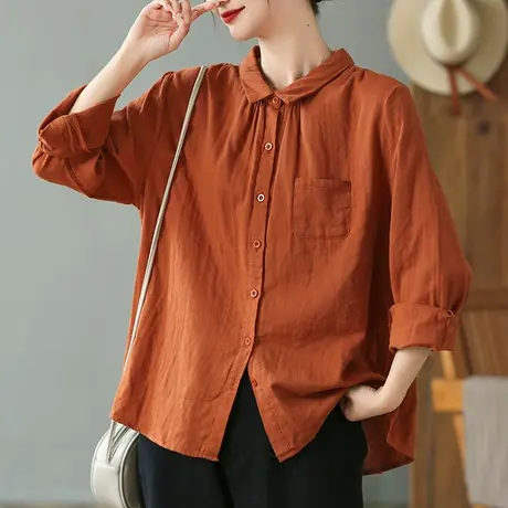 dza 复古宽松翻领长袖棉麻衬衫2023新款休闲女士衬衣短款亚麻上衣商品大图