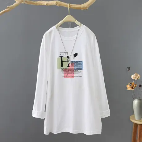 2024春装新款韩范印花中长款长袖白t恤女圆领套头百搭打底上衣商品大图