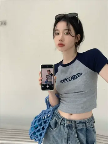 小众修身辣妹圆领短款露脐白色T恤女夏季别致正肩打底衫短袖上衣商品大图