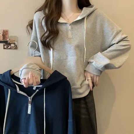 ins超火连帽短款半拉链卫衣女春秋薄款宽松显瘦长袖上衣潮牌外套商品大图