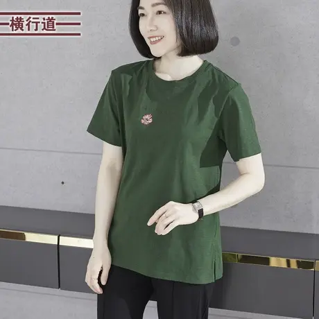 简约舒适圆领珠绣宽松中长短袖T恤外穿女装上衣大码2025夏季新款图片