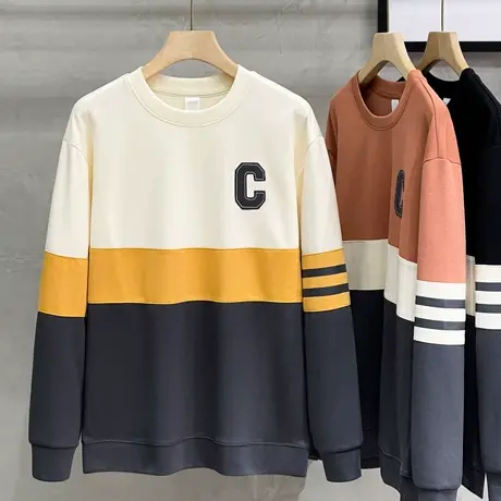 条纹拼接卫衣男潮牌宽松秋冬男装圆领上衣男外套2023春季新款潮流商品大图