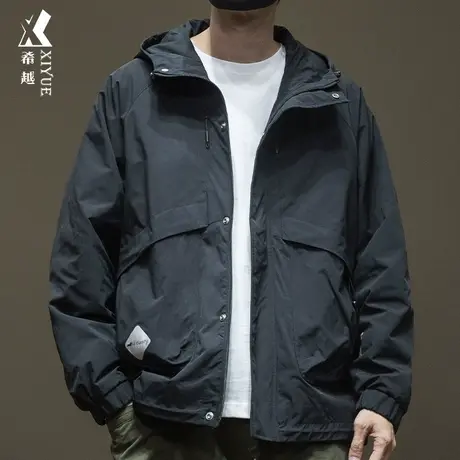 防水高级感夹克男2025春秋新款宽松大码休闲多口袋男士连帽外套潮商品大图