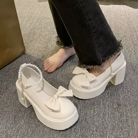 日系厚底玛丽珍鞋女2023年新款夏季珍珠蝴蝶结法式高跟小皮鞋单鞋商品大图