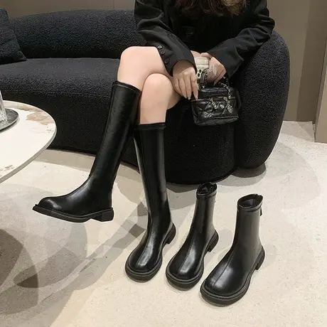 爆款靴子女长筒靴2023新款秋冬复古长靴黑色平底不过膝高筒骑士靴图片
