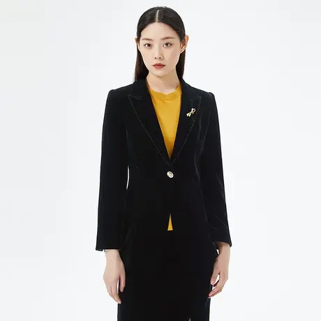 朗姿[故里繁花]西装外套秋日新款黑色丝绒通勤时尚修身夹克奥莱图片