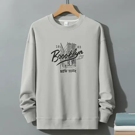 350g重磅灰色卫衣男美式复古圆领无帽上衣服宽松潮流印花长袖t恤图片