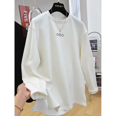 设计感小众德绒长袖T恤女宽松韩版秋冬装加绒加厚刺绣上衣ins潮牌图片