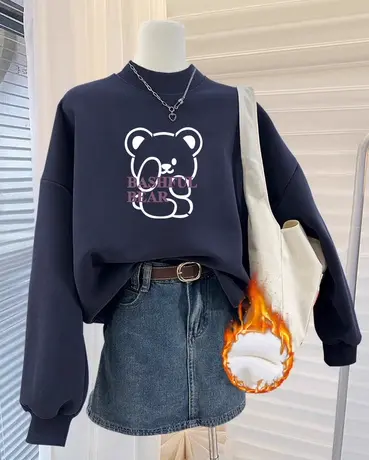 冬季长袖上衣胖mm大码宽松半高领卫衣女潮牌ins加绒港风复古外套图片