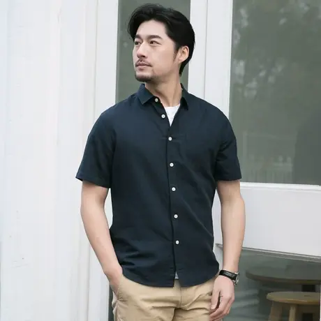 格慕施夏季日系薄款冰丝亚麻衬衫男短袖宽松休闲半棉麻衬衣寸衫潮商品大图