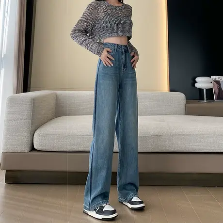 复古直筒阔腿牛仔裤女2024春秋新款高腰宽松显瘦百搭窄版拖地裤子商品大图