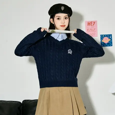 唐狮毛衣女秋冬新爆款学院风V领绞花毛衫女秋冬针织衫外穿套头图片