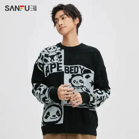 直播秒杀三福2023冬男士卡通星际熊猫满印毛衣 时尚宽松圆领上衣4图片