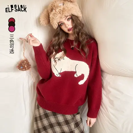 妖精的口袋圆领套头红色圣诞毛衣女2024早春新款内搭宠物印花上衣图片