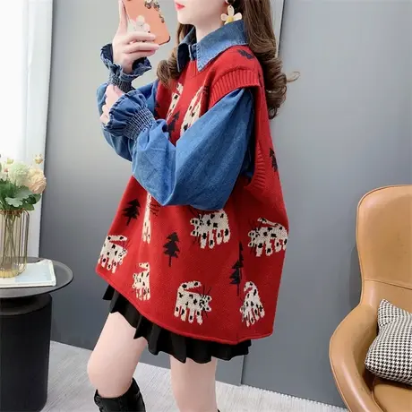 日系圆领猫咪提花新年红色毛衣马甲女春秋季减龄无袖坎肩背心上衣商品大图