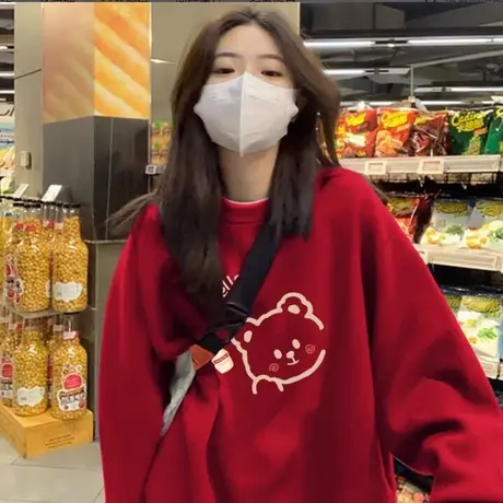 卡通动漫圆领无帽卫衣女秋冬季韩版宽松加绒加厚vintage上衣外套图片