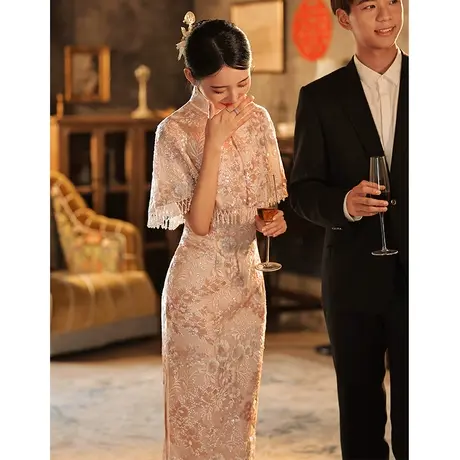 披肩旗袍敬酒服新娘高级感气质小个子冬季中式改良订婚礼服连衣裙商品大图
