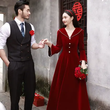 敬酒服新娘冬季惊艳红裙结婚酒红色礼服喇叭袖订婚回门便装连衣裙图片