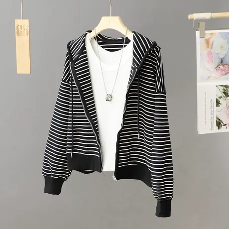 韩版宽松条纹连帽拉链针织开衫女装2024年春秋新款慵懒风毛衣外套图片