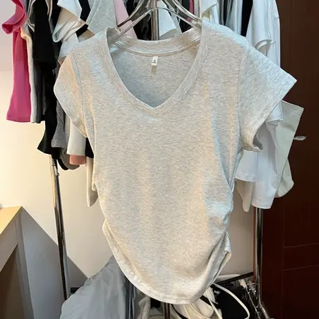 V领短款正肩T恤半袖女早春夏装修身韩版洋气时髦纯棉短袖上衣潮牌商品大图